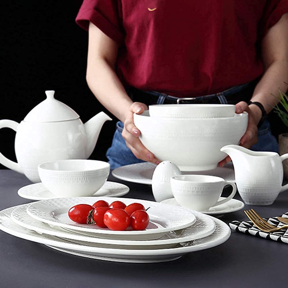 48-elementowy zestaw obiadowy, białe ceramiczne zestawy obiadowe, komplet porcelanowy z talerzami, miskami, kubkami, filiżankami do kawy i dzbankiem do herbaty, nadający