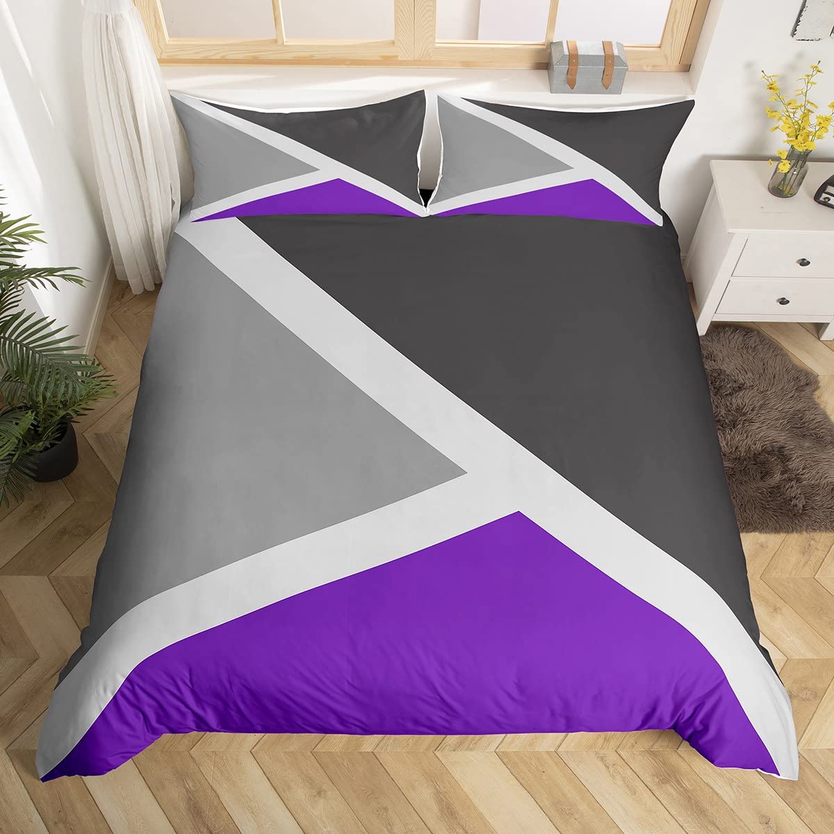 Homewish Purple and Grey Duvet Cover Set with 2 Pillowcases - Double Size, 100% Soft & Breathable Polyester, Zip Closure - Patchwork Geometric Bedding - Modern Simple Pattern with Black Reverse