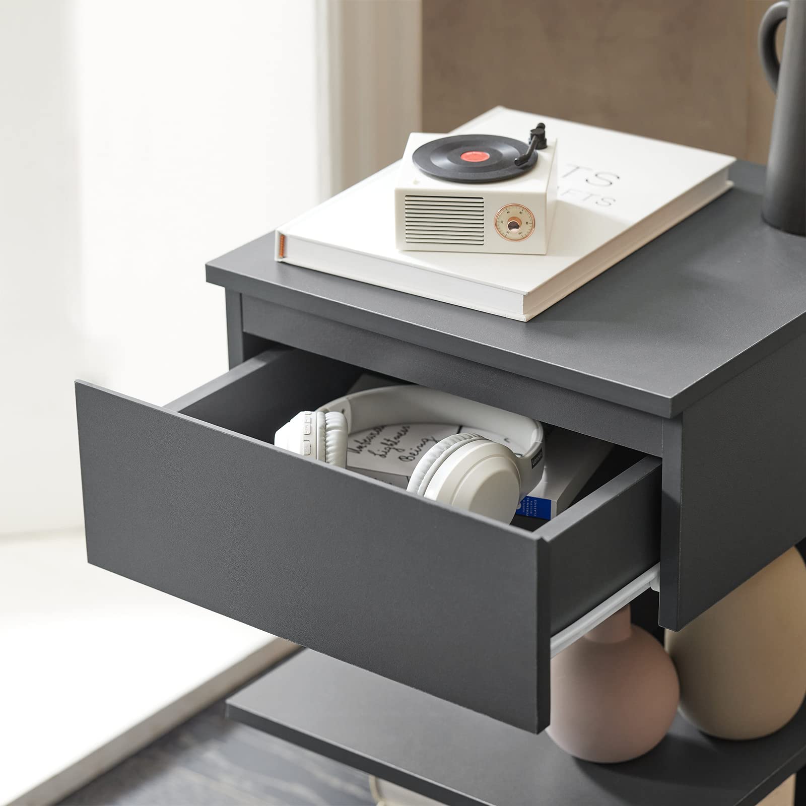 SoBuy Set di 2 Comodino Camera da Letto - Comodino con 1 Cassetto e 2 Ripiani, Tavolino Salotto - Moderna Cassettiera L39 x P39 x A65 cm Grigio FBT49-HGx2