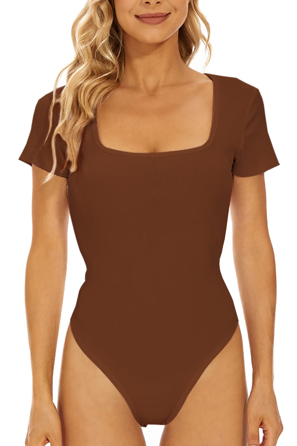 YIJIU Women's Square Neck Short Sleeve T Shirt Tops Basic Bodysuits Jumpsuits