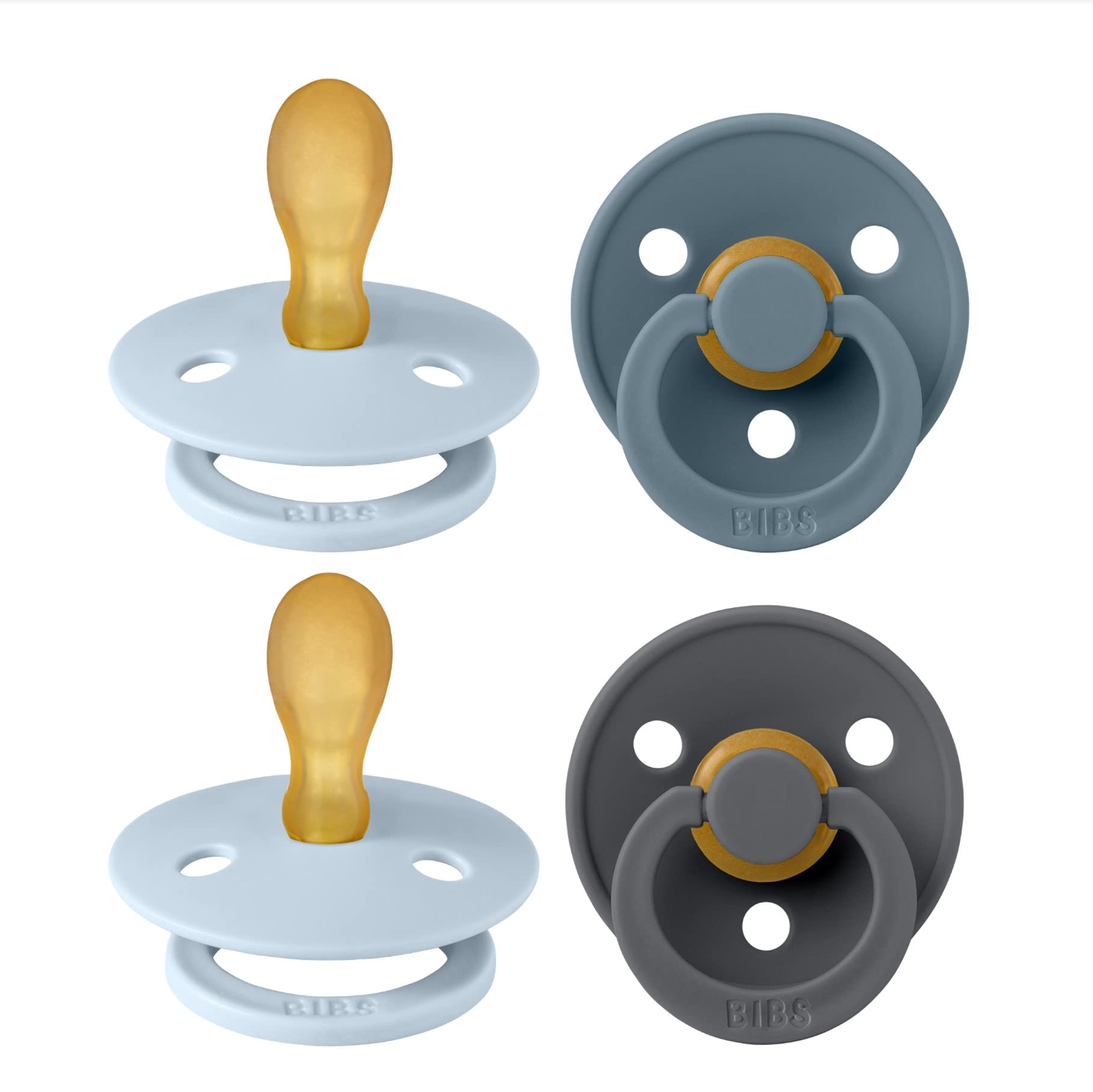 Photo 1 of BIBS Colour Pacifier with Symmetrical Nipple| Natural Rubber Baby Pacifier | Set of 4 BPA-Free Soothers | Made in Denmark | Baby Blue Mix | Size 6-18 Months