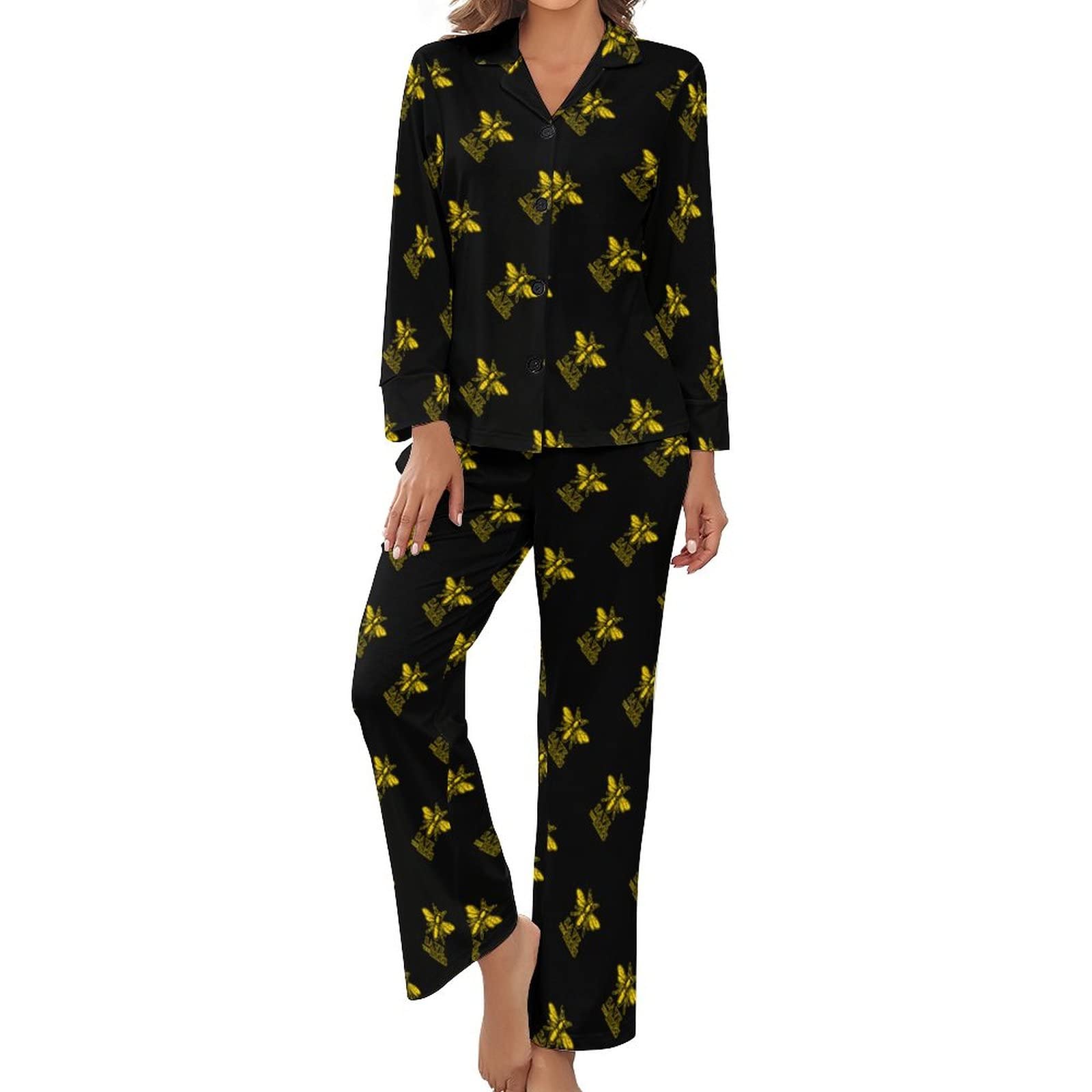 Women's Black Save The Bees Pajamas Set Long Sleeve Pj Set Button Down Sleepwear Pajamas Loungewear S