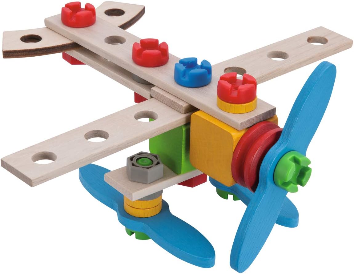 Fully assembled wooden airplane with blue propeller, red and blue plastic screws, and natural wood slats.