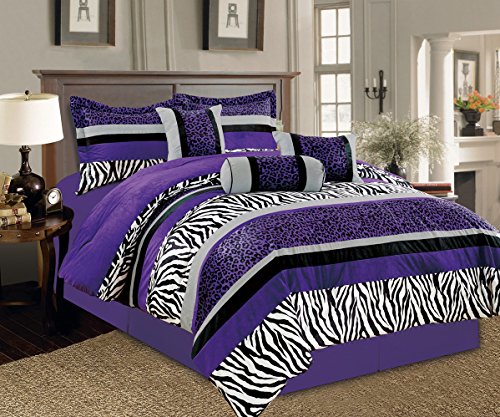 Grand Linen 7 Piece Purple Black White Zebra Leopard Micro Fur Comforter Set Full Size Bedding - Teen, Girl, Youth, Tween, Children