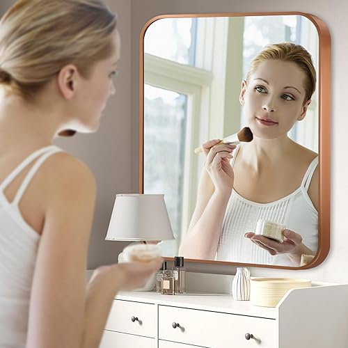 Miniatura 2 de Espejo de baño de bronce de 22 x 30 pulgadas, espejo rectangular con marco de metal dorado cepillado con esquina redondeada, espejo de tocador de