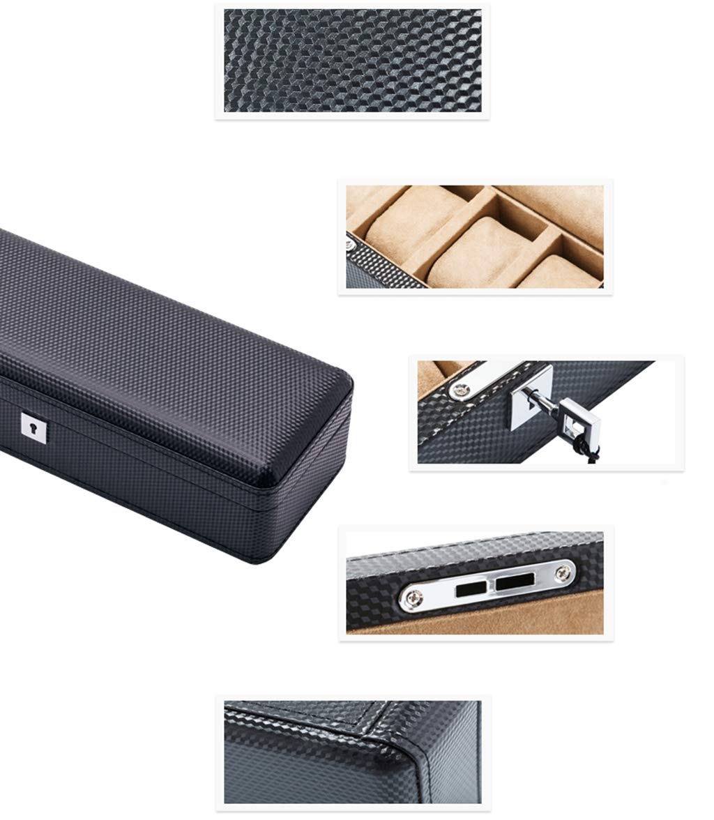 Caja de reloj de fibra de carbono, caja de reloj con 3 ranuras, caja de almacenamiento para exhibir joyas, bandeja para pulsera con 3 almohadas de almacenamiento extraíbles, con cerradura de Metal