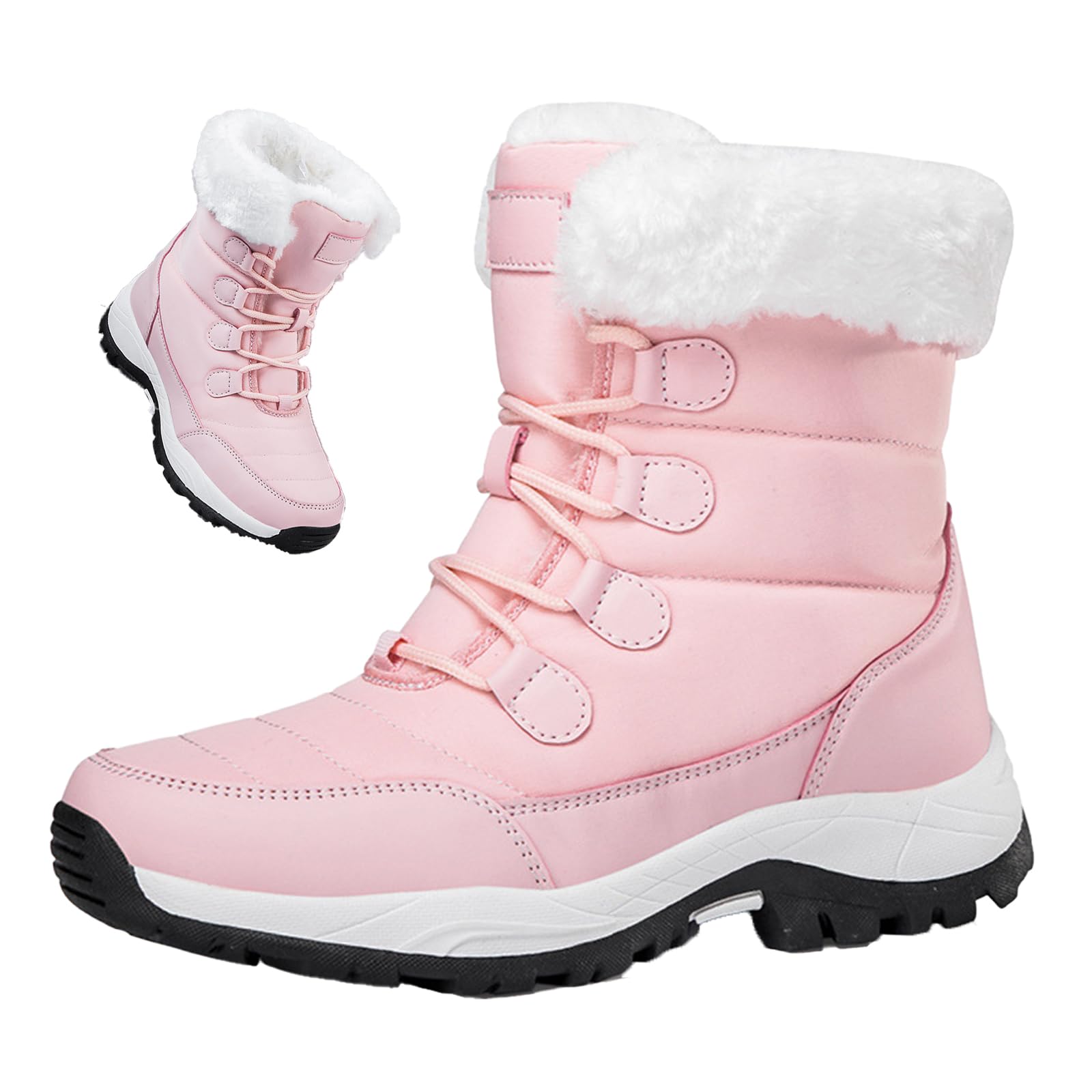 Womens Winter Ankle-Support Snow Boots Comfy Warm Furry Collar Lined Waterproof Non-slip Lace-up Hiking Short Booties