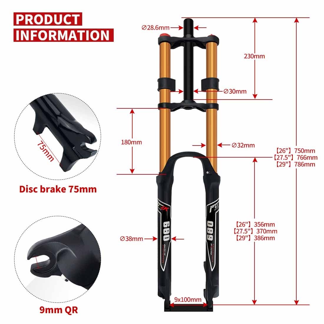 Widelec rowerowy 26/27,5/29" MTB Double Shoulder widelec z hamulcami tarczowymi DH/AM/FR 1-1/8" rura prosta magnez+stop aluminium skok sprężyny do 180 mm 9 * 100 mm QR