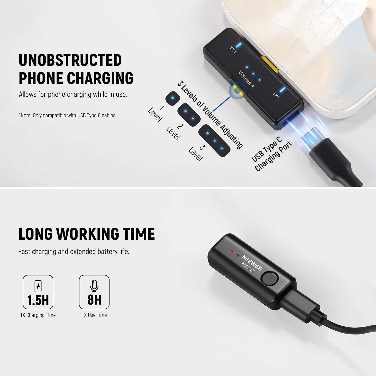 Neewer Lavalier Bezprzewodowy system mikrofonowy, 1 x odbiornik USB C z adapterem OTG i 1 x wielokierunkowy nadajnik pojemnościowy z redukcją szumów, kompatybilny z iPhone 16 Pro Max S24 Ultra, KM23