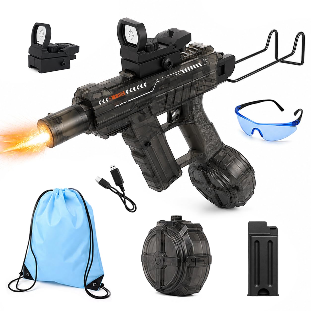 Electric Water Gun, Automatic Water Blaster with LED Muzzle Flash, Long Range Motorized Water Pistol, Rechargeable Battery, 500ml Tank, for Adults Outdoor Pool Beach Party (With Glasses & Carry Bag)