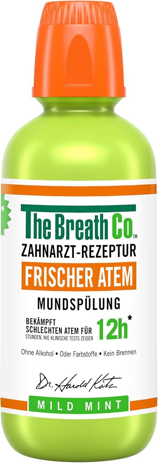 The Breath Co. Mundspülung (500ml), Zahnfleischpflege für bis zu 12 Stunden Frischer Atem, Antibakterielles Mundwasser für Zahnpflege gegen Mundgeruch, Alkoholfrei, Milde Minze
