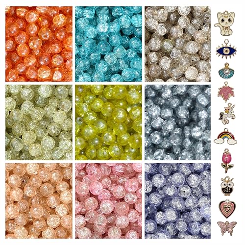 Image of 10 Pcs Charms + 250 Pcs Single Shade Sparkle Glass Beads for Bracelet Making Kit for Women - Beads for Jewellery Making Kit - Bead Set - Crystal Bead Craft - 8mm