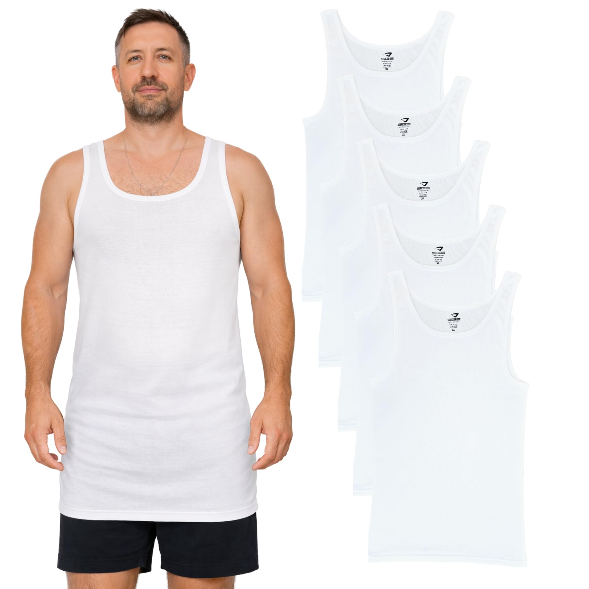 SGS 5er-Pack: Stilvolle Unterhemd Herren EXTRA LANG +12 cm & Tank Top Herren - Feinripp Muskelshirts Männer & Unterziehshirt Mann