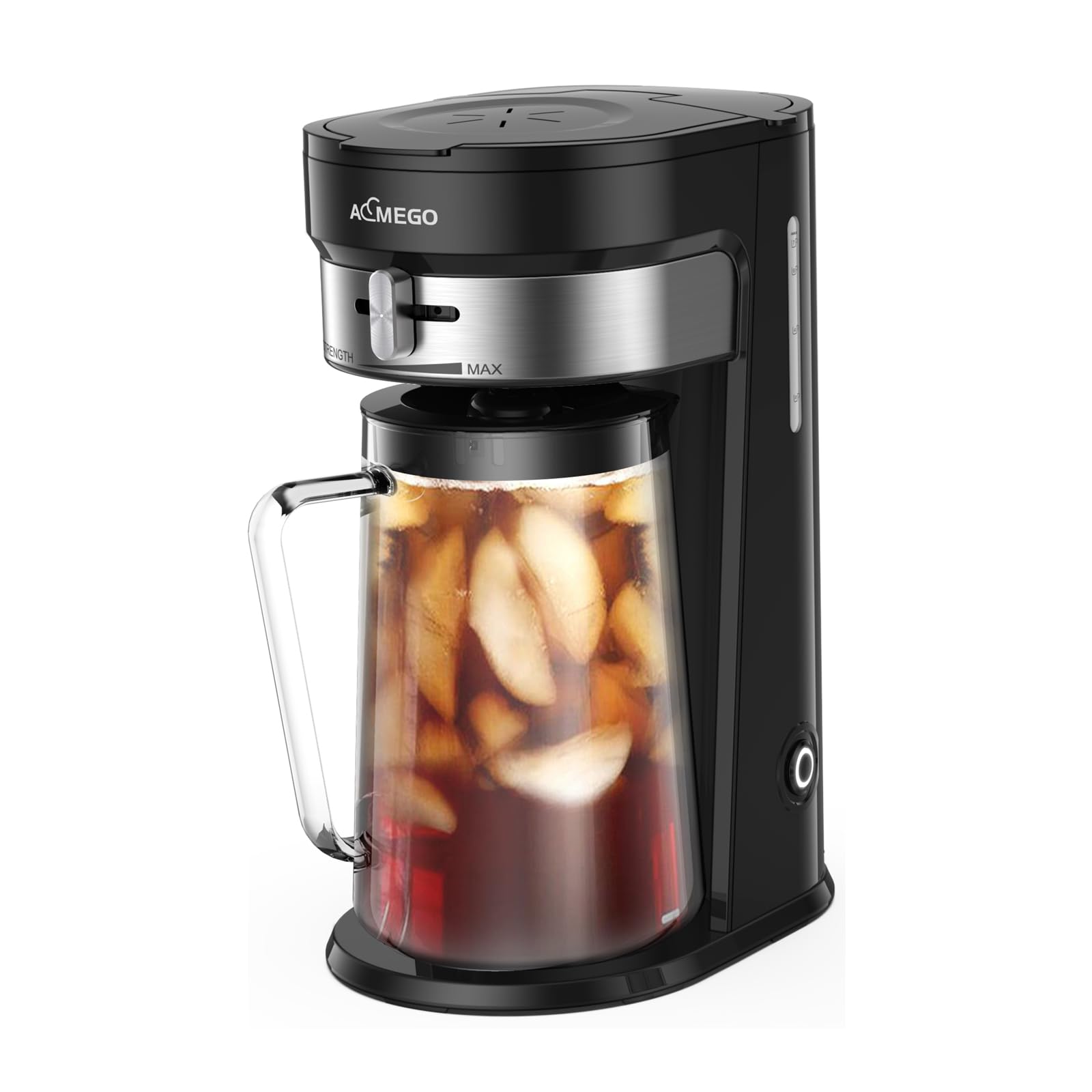 iced tea maker brewing system with 25-quart glass pitcher sliding strength selector stainless steel decoration reusable filter black