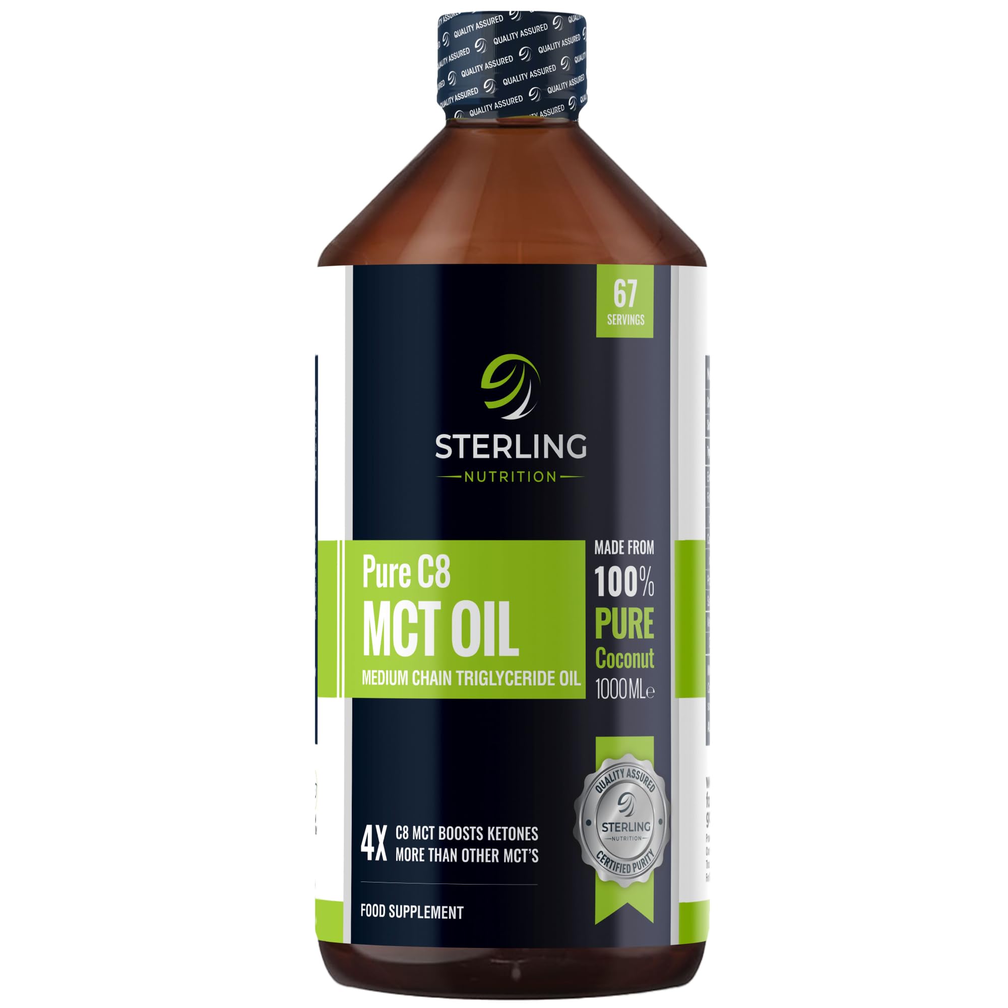 Pure C8 MCT Oil - 1000ml | 4X More Ketones for Keto Diet & Fasting | Safe & Premium Lab Tested 99.7% Purity | Made from 100% Sustainable Coconuts | Vegan Friendly & Gluten-Free | STERLING NUTRITION