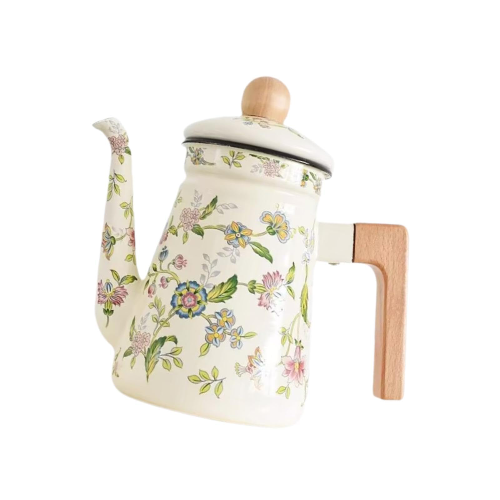 perfk Emaille-Kaffeekanne, Wasserkocher, Emaille, für Zuhause, Tee, dick, 1,2 l, Wasserkocher mit losen Blättern, für den Außenbereich, Vintage-Design,