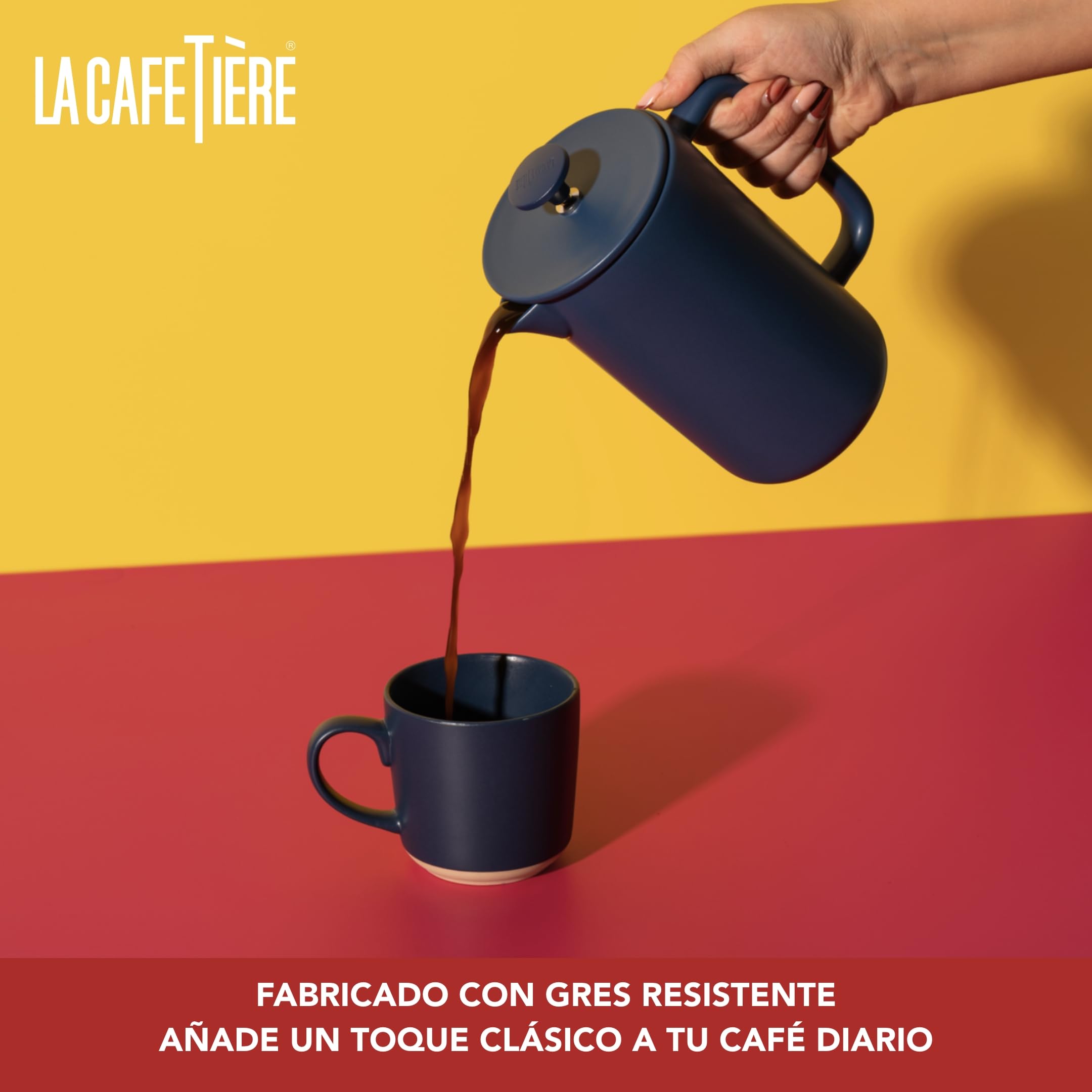 La Cafetière Arezzo - Cafetera grande de prensa francesa de 8 tazas, cerámica de gres resistente al calor con émbolo de fácil agarre, ideal para té suelto y café molido, azul marino