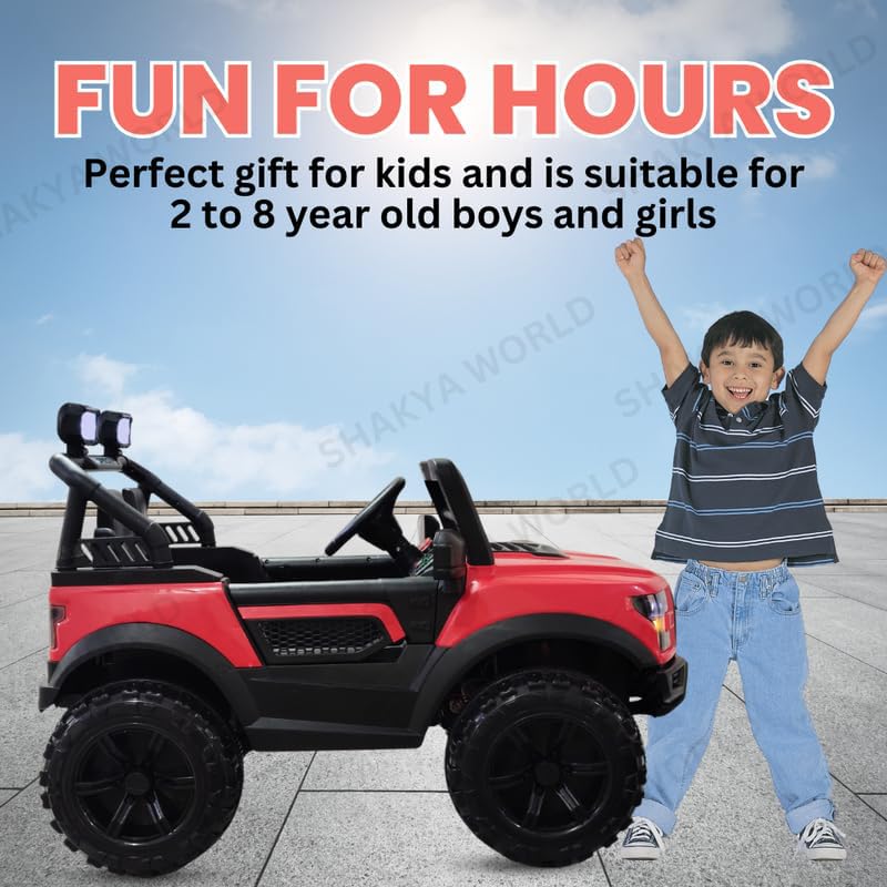 Image of SHAKYA WORLD POBO Battery Operated Jeep for Kids 1 to 8 Years Ride on with Music & Light Electric Car Jeep, Red