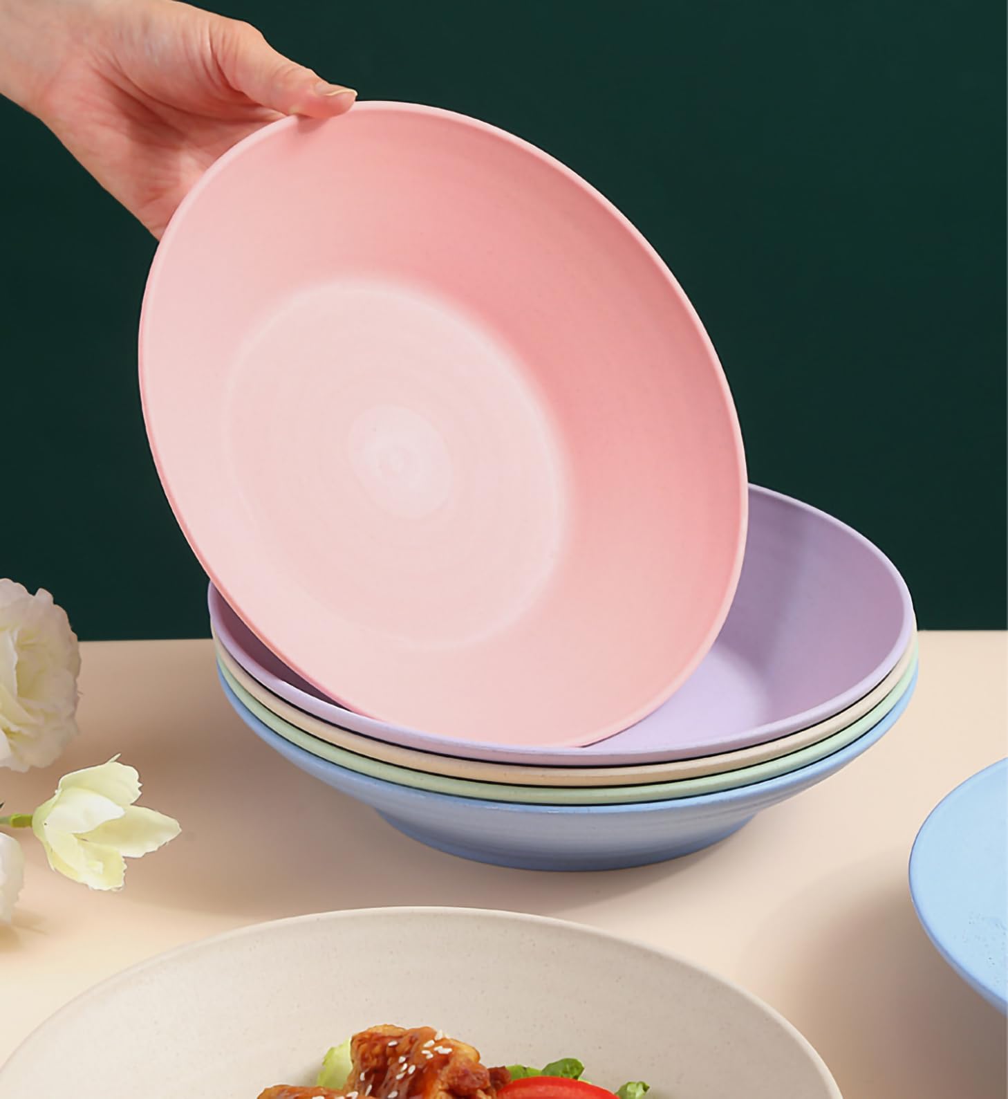 Oicia Unbreakable Deep Dinner Plates Set Wheat Straw Plate Dishwasher & Microwave Safe Reusable, Lightweight Plates for Kitchen Soup Bowl, Soup Plate with Rim Pasta Bowl (23cm, Pack of 1, Pink) 4