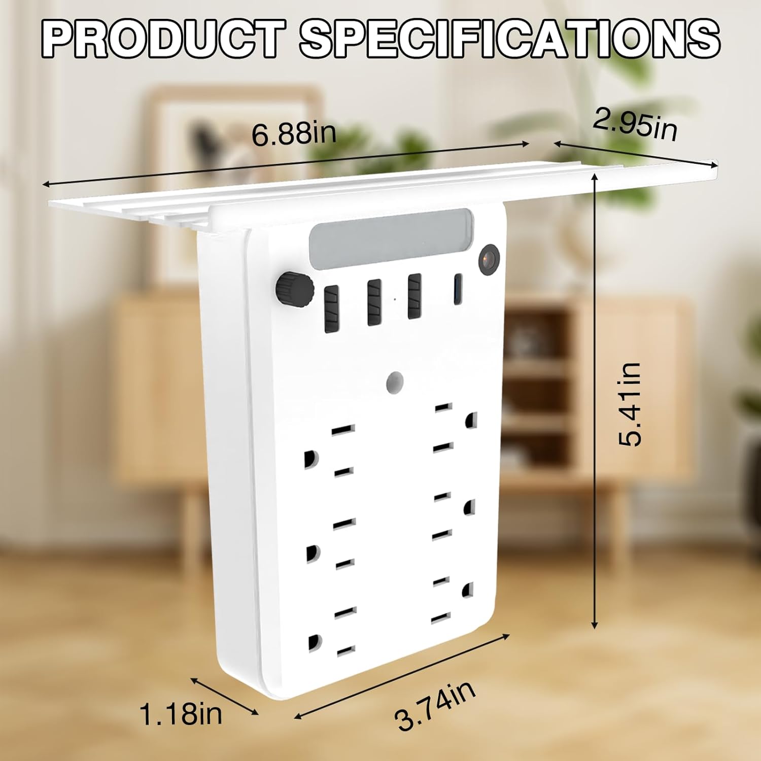 Wall Outlet Extender with Shelf & Night Light, 2026 New 11-in-1 Surge Protector Power Strip: 6 AC Outlets, 3 USB Ports + USB-C, Flat Plug - for Home, Dorm, Travel
