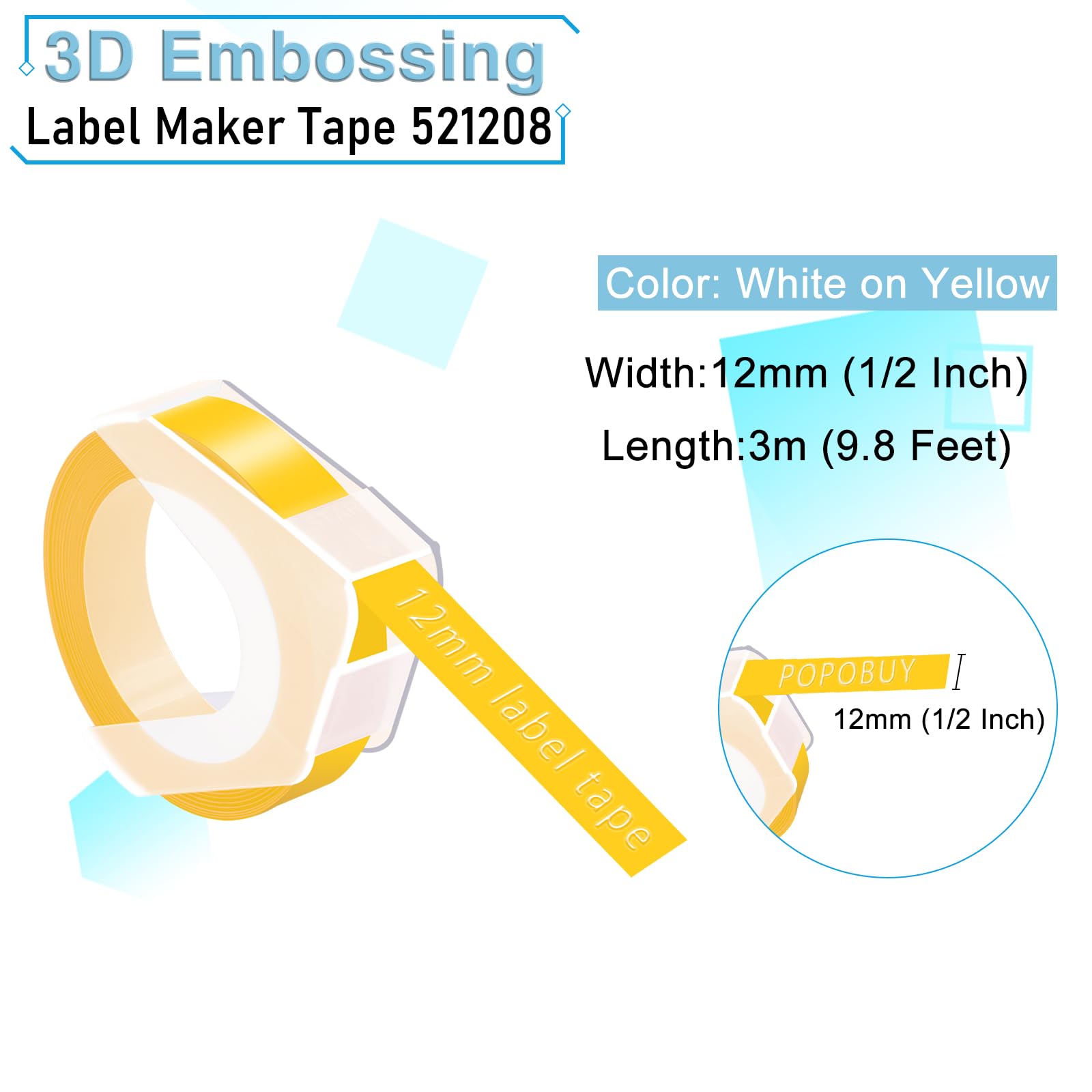 POPOBUY 4 Pack Embossing Label 1/2 Inch A521208 Compatible for DYMO 3D Plastic Emboss Tape 521208 White on Yellow, 12mm x 3m for Office Mate II 1540 154000, MoTEX E101 E404 Label Makers