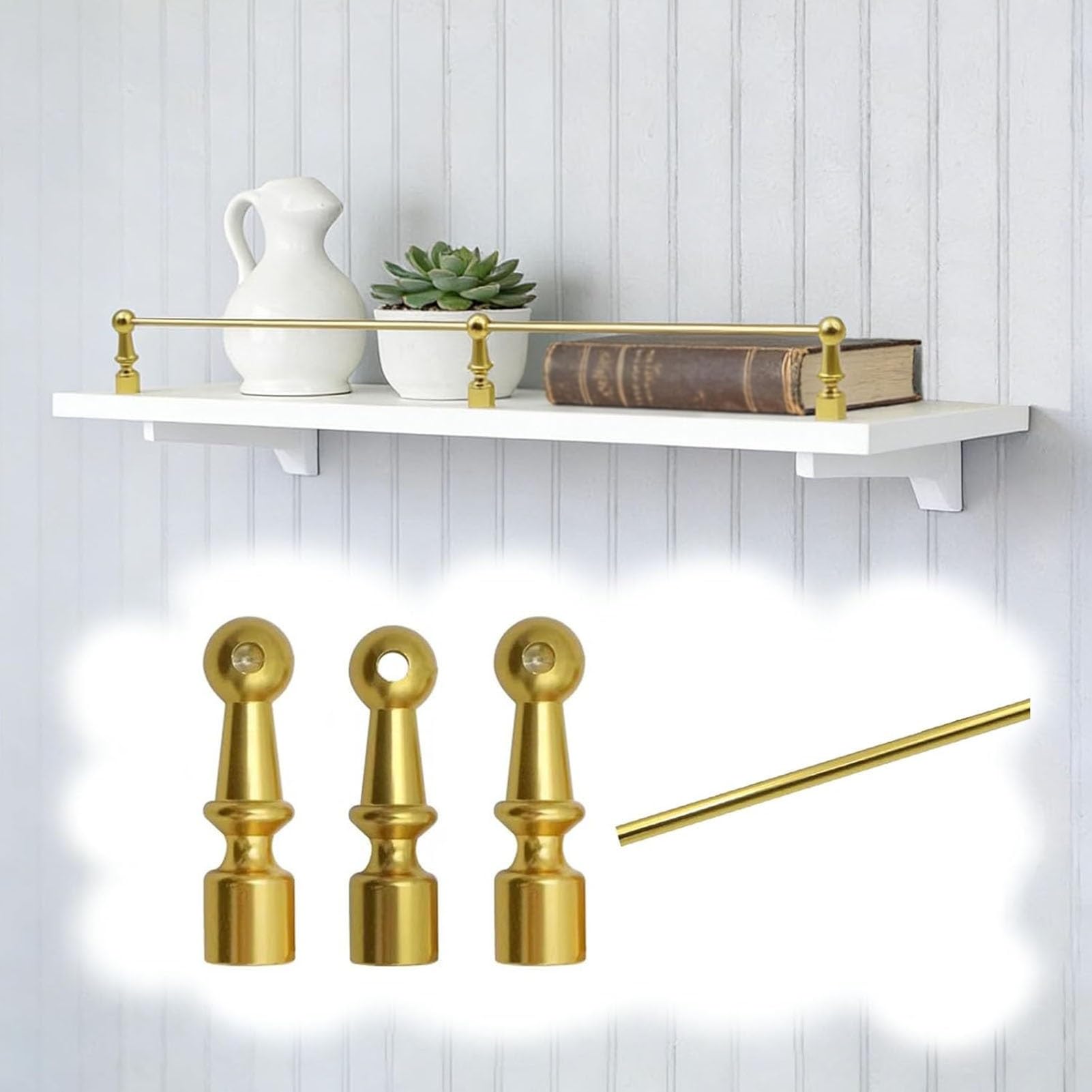Generisch Regalgeländer, 8-38 Zoll (ca. 20-97 cm) langes, goldfarbenes Metallgeländer für Küchenregale, Absturzsicherung, dekoratives Regalgeländer mit 3 Stangen, stilvolles Schranksicherungs-Set