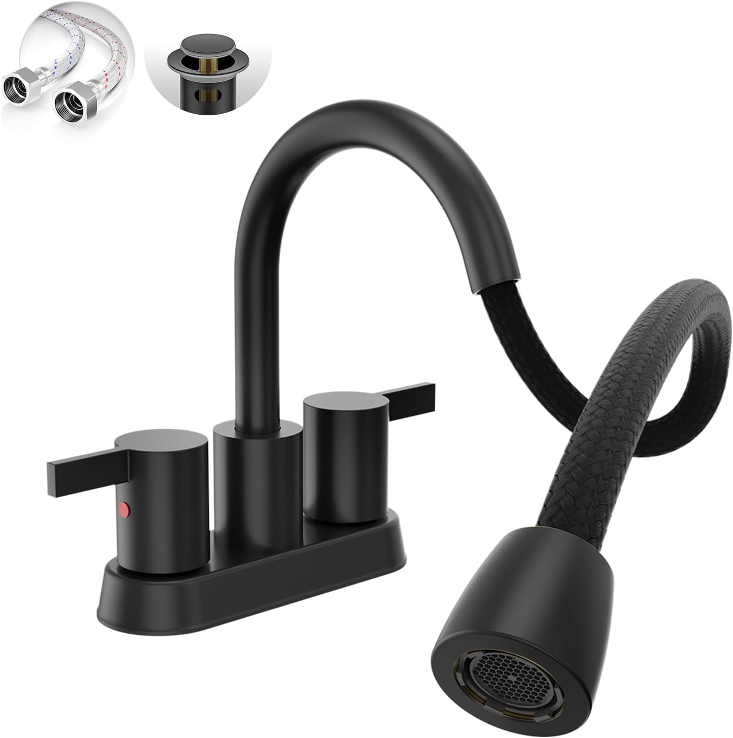 Phiestina Pull Down Sprayer Matte Black 4 Inch 3 Hole Bathroom Faucet,Centerset 2 Handle Pull Out Bathroom Sink Faucet with 360 Swivel Spout,Metal Pop-Up Drain and Water Supply Lines,BF04011-K01-MB