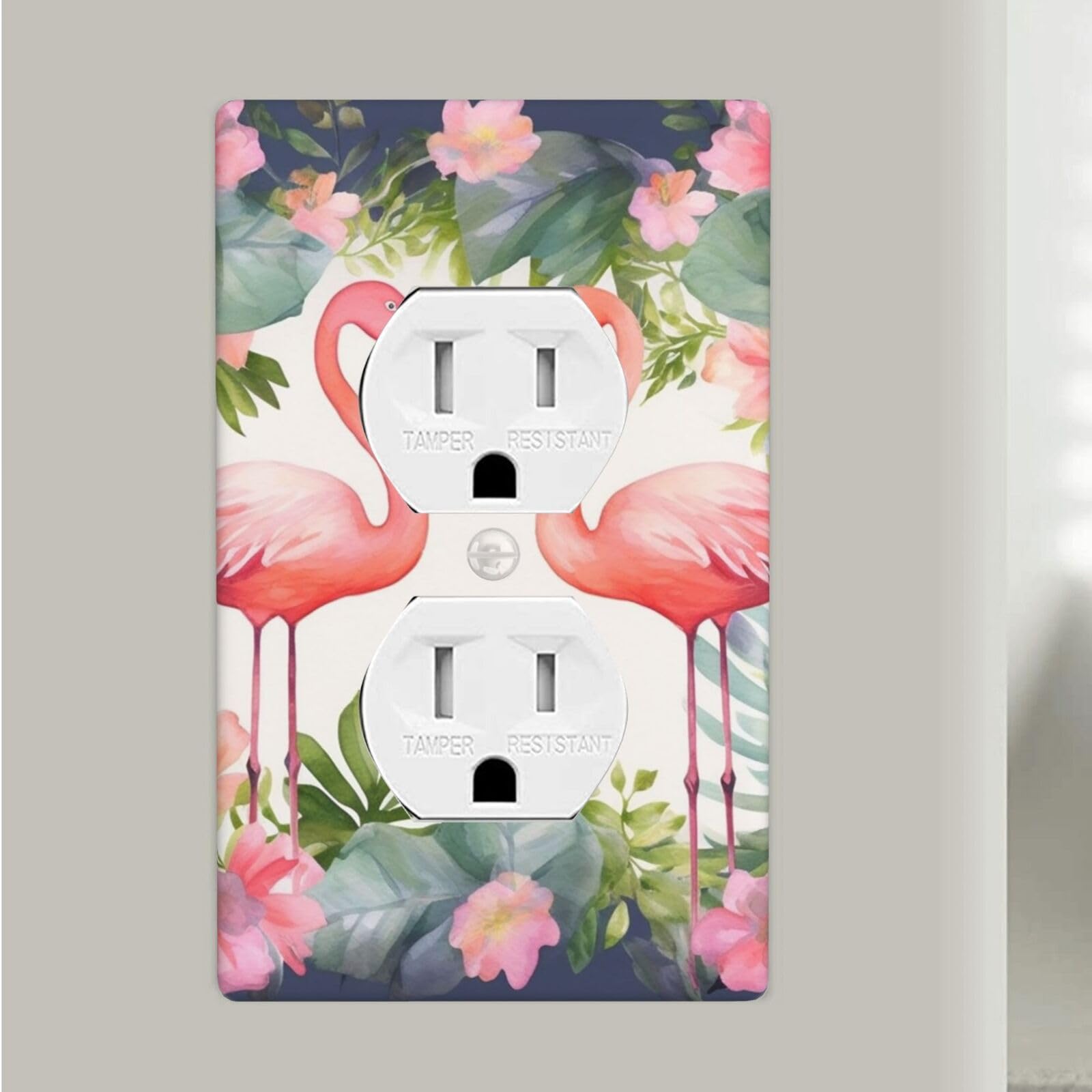 Flamingos and Flowers Duplex Receptacle Outlet Covers, 1-Gang Standard Size Wall Plates Unbreakable Polycarbonate Electrical Switchplate Cover Faceplate for Bathroom Kitchen Decor