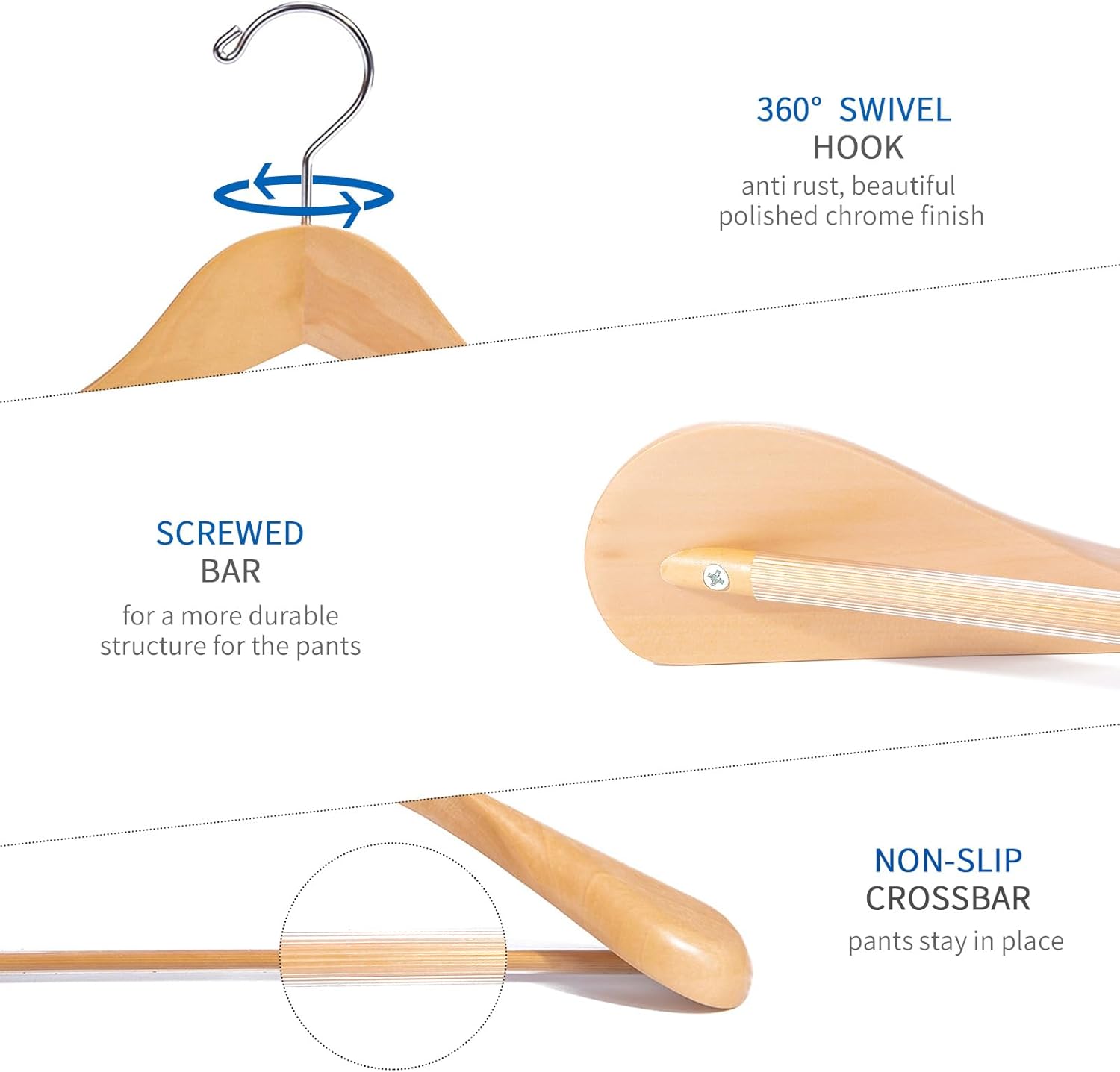 Nature Smile Luxury Natural Wooden Suit Hangers - 12 Pack - Wood Coat Hangers,Jacket Outerwear Shirt Hangers,Glossy Finish with Extra-Wide Shoulder, 360 Degree Swivel Hooks & Anti-Slip Bar with Screw - Image 3