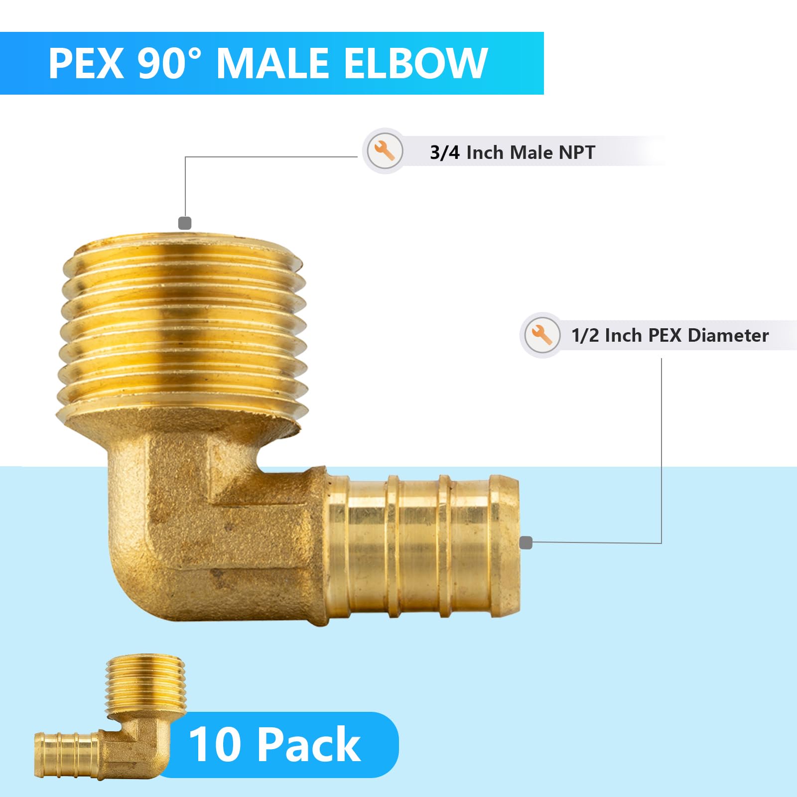 Paquete de 10 accesorios PEX, Pex 1/2 x 3/4 pulgadas macho roscado NPT codo de latón engarzado, codo macho PEX F1807 de 1/2 pulgada para tuberías Pex en trabajos de fontanería