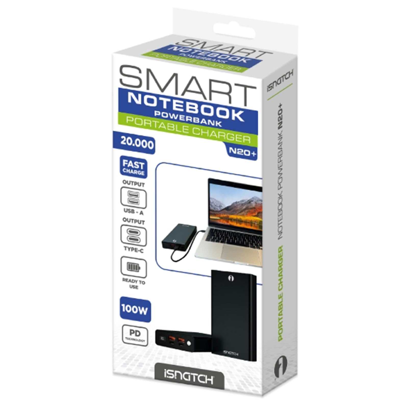 Powe Bank 20000mAh per Notebook. USB-C 100W PD, Ricarica Rapida, 2 Porte USB, Nero