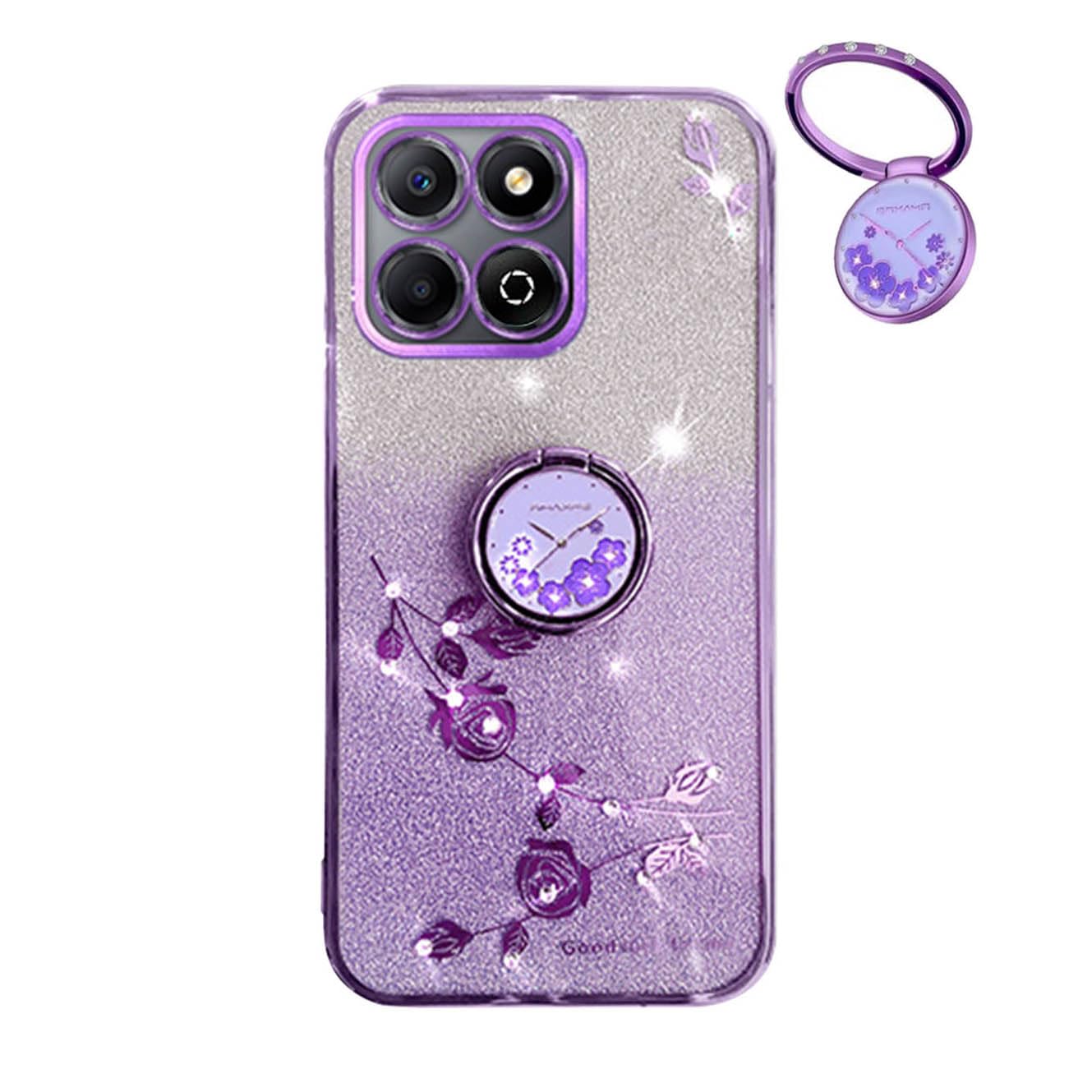 YUECXIN Glitter Case For Honor X6c 4G, Bling Shiny Diamond Sparkle Design Women Girls Cover, Ultra Thin Shockproof Flowers Ring Stand Soft Transparent