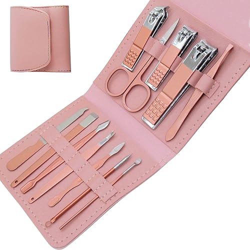 XMOSNZ Juego de manicura 12 en 1 de acero inoxidable cortaúñas kit profesional de aseo facial mano, pies, cuidado de la piel y herramientas de