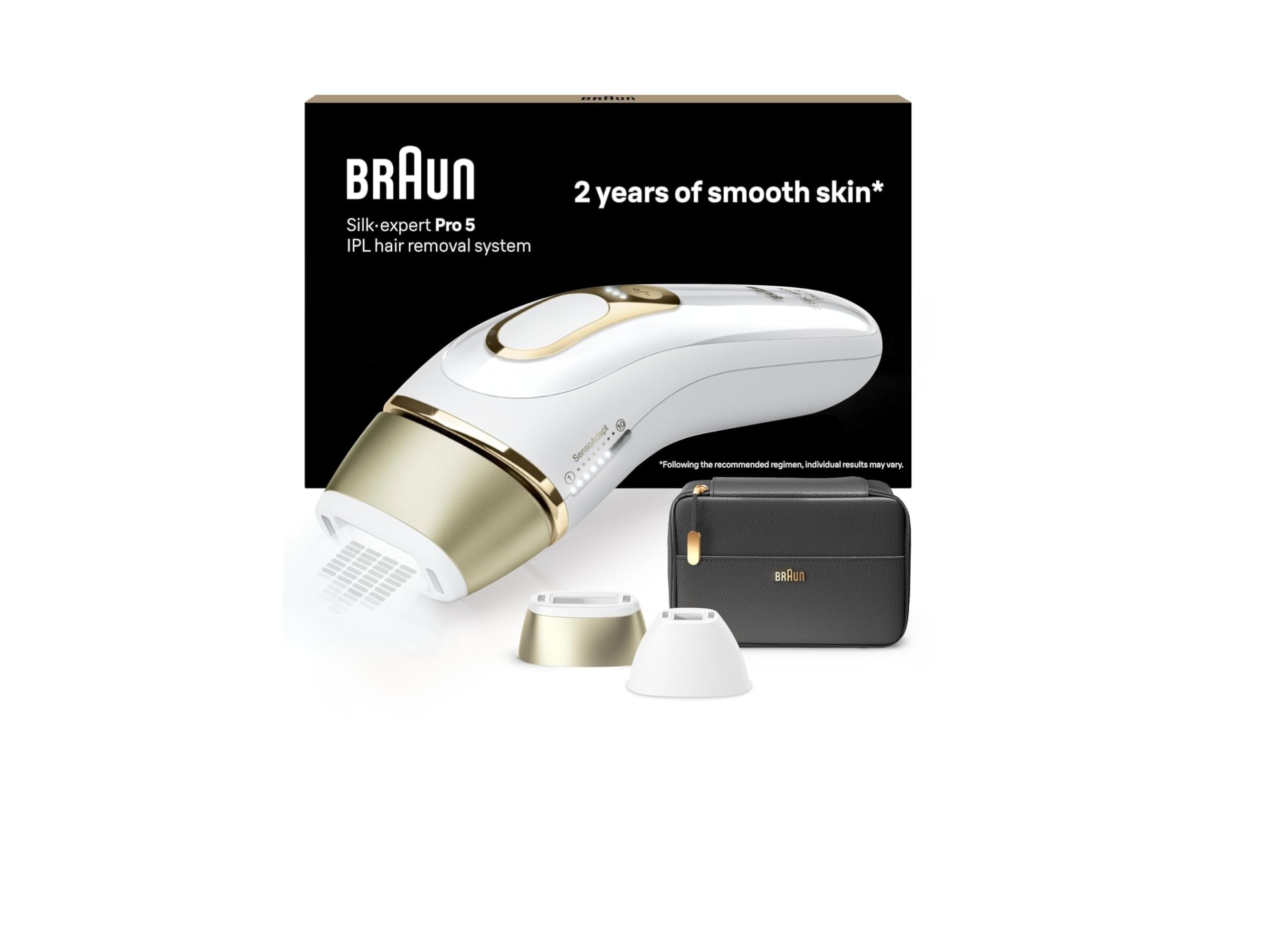 Braun Luz Pulsada Silk-expert Pro 5, Eliminación Del Vello En Casa, Alternativa a Depilación Láser, Depiladora IPL Con Funda y 2 Cabezales Para Cara y Cuerpo, Blanca/Dorada, PL5140