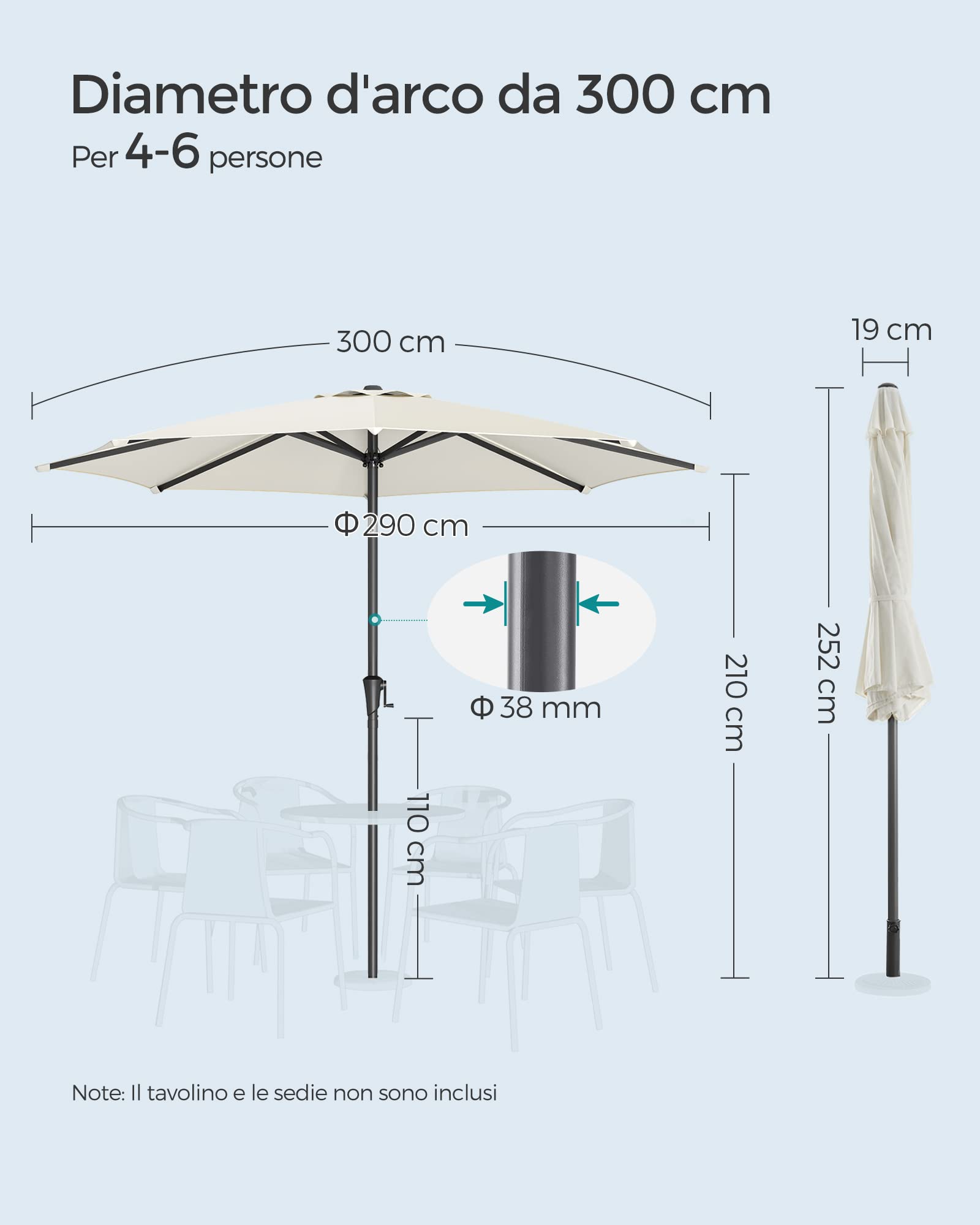 SONGMICS Ombrellone da Giardino 300 cm, UPF 50+, Parasole, Inclinazione Bidirezionale a 30°, Manovella per Apertura/Chiusura, Esterno Terrazzo Balcone Piscina, senza Base, Beige GPU30BE