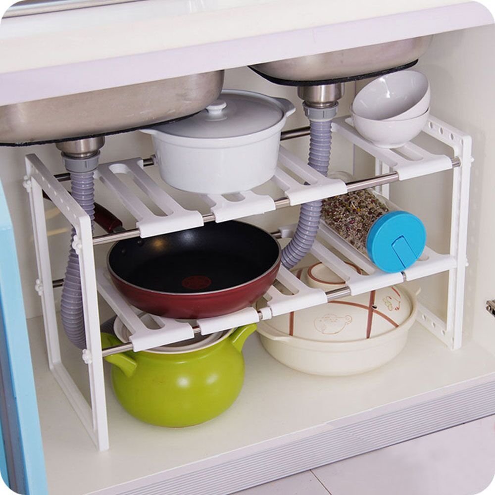 Kitchen Storage Expandable Under Sink Organizer - 2 Tier Multifunctional Storage Rack with Removable Shelves and Steel Pipes for Kitchen, Bathroom and Garden