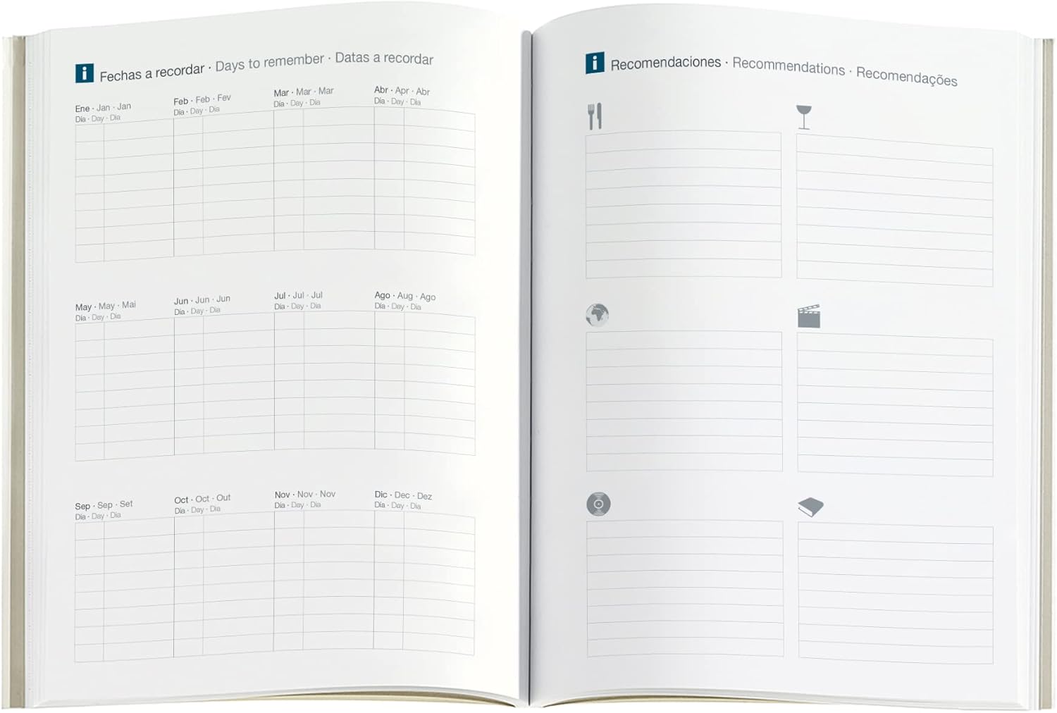 Miquelrius - 2023 Year Planner - Day Page - Plus Size 155 x 213 mm (Approx A5) - Stitched Leather Hard Cover - Elastic Rubber - Spanish, English and Portuguese - Black