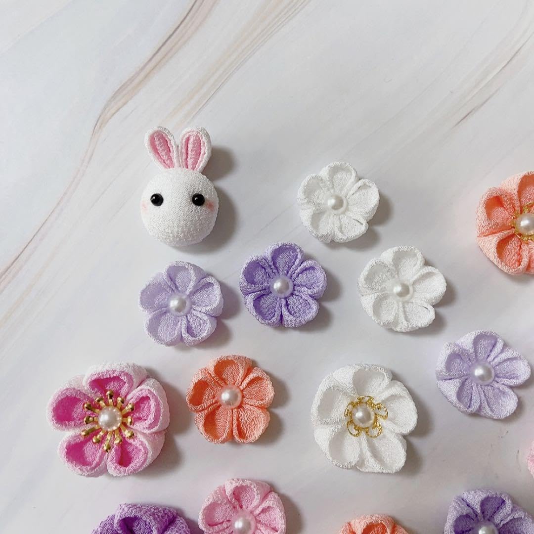 つまみ細工パーツ　丸つまみ2段のお花　うさぎパーツ Amazon.co.jp: つまみ細工 ちりめん細工 パーツ お花 うさぎ ピンク 紫