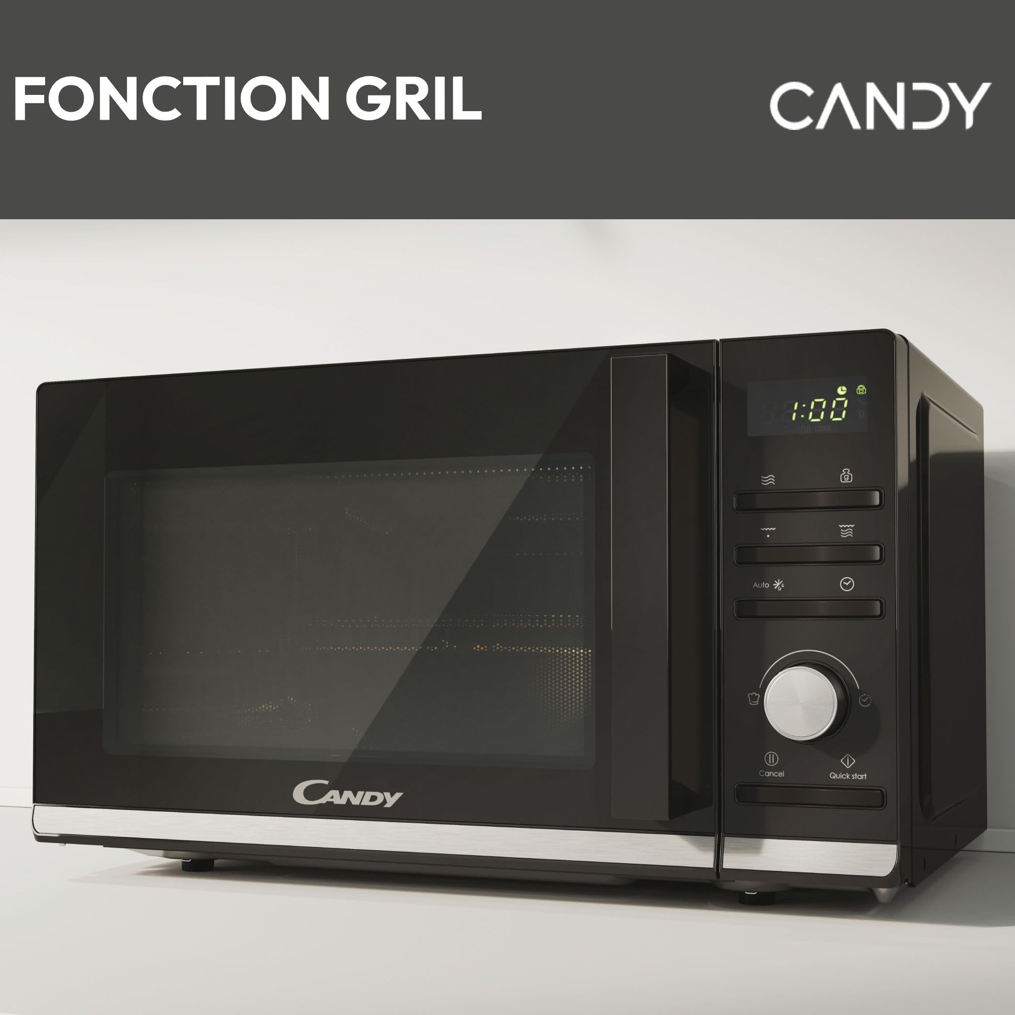 Candy Moderna CMGA20TNDB Four Micro-ondes Gril 700W 20L Digital, Fonction Gril et Décongélation, Plateau Tournant, 11 Niveaux de Puissance, 19 Menus Auto, Cuisson Express, Grille Métal, Noir