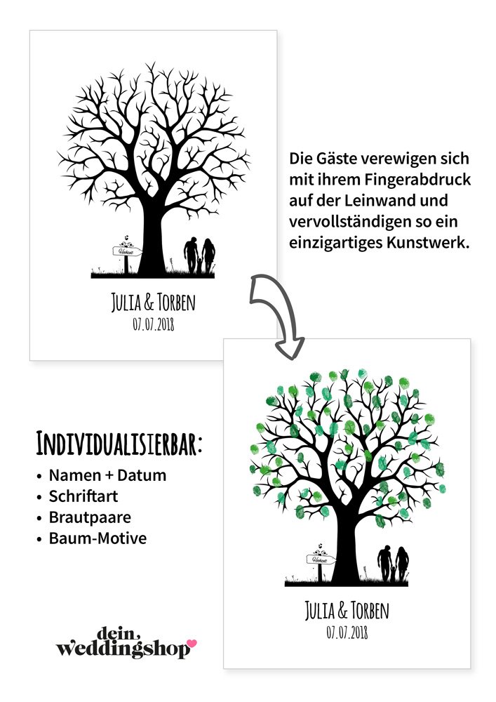 Wedding Tree Leinwand zur Hochzeit, Fingerabdruckbaum als Gästebuch, Verschiedene Motive – PERSONALISERT – 30x40cm – inkl. Stempelkissen + Stift