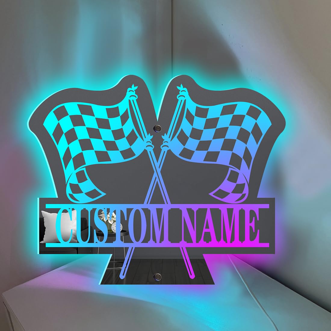 Personalized Racing Flag Mirror Light, Custom Start Finish Racing Flag RGB Name Light Up Signs, Color Changing LED Mirror Name Signs for Home Bedroom Decor, Gift For Racer (Style 1)