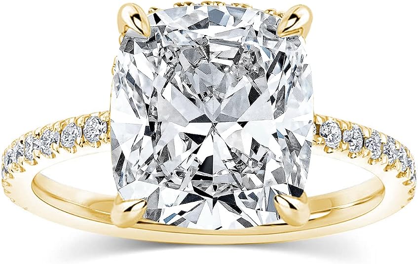 4CT Cushion Cut Engagement Ring for Women, S925 Silver Clear/Yellow Stone Promise Ring with Hidden Halo