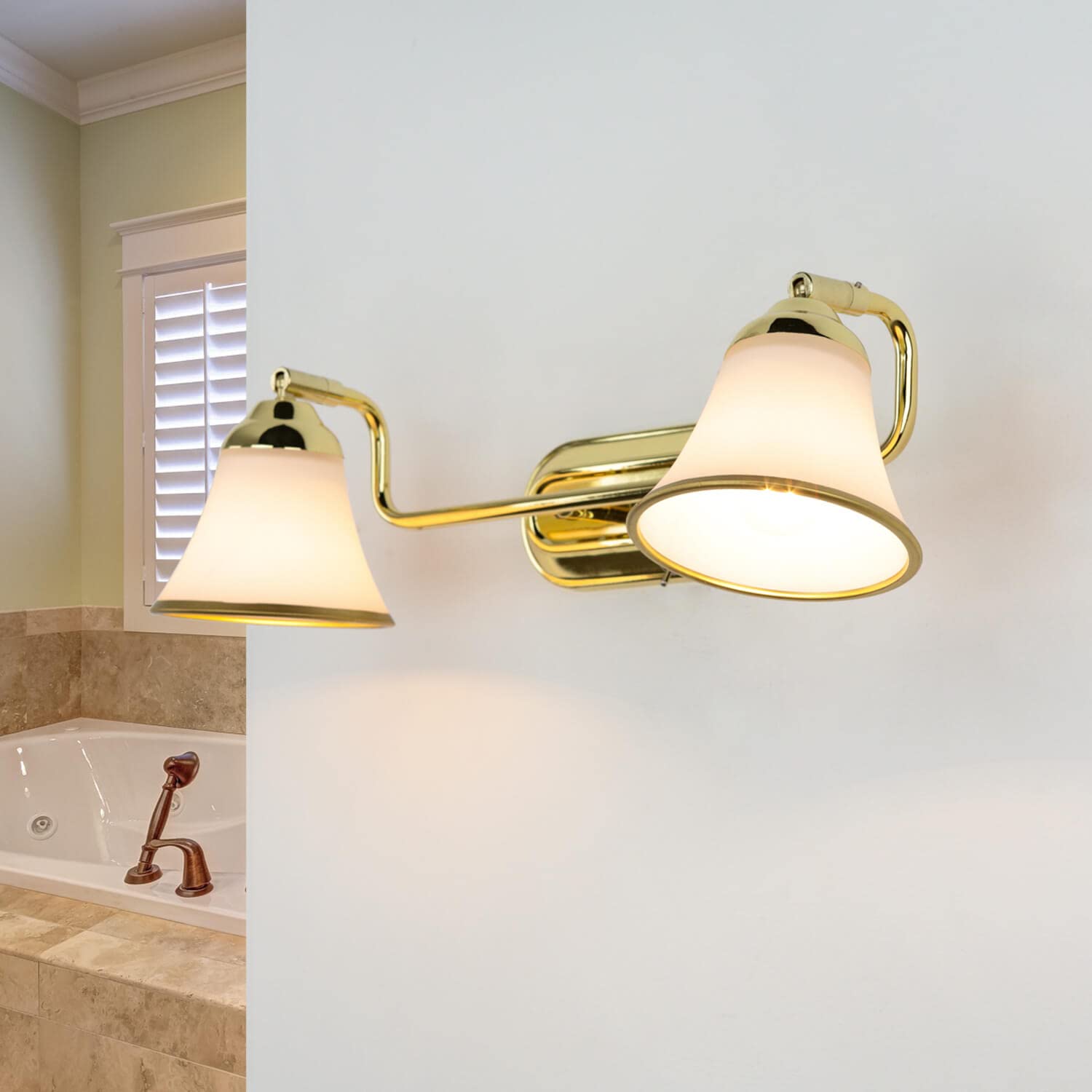 Licht-Erlebnisse GRANDO Lámpara de pared de metal y cristal en oro para baño L: 42 cm E14 máx. 40 W 2 focos, acogedora lámpara de pared estilo Art Nouveau