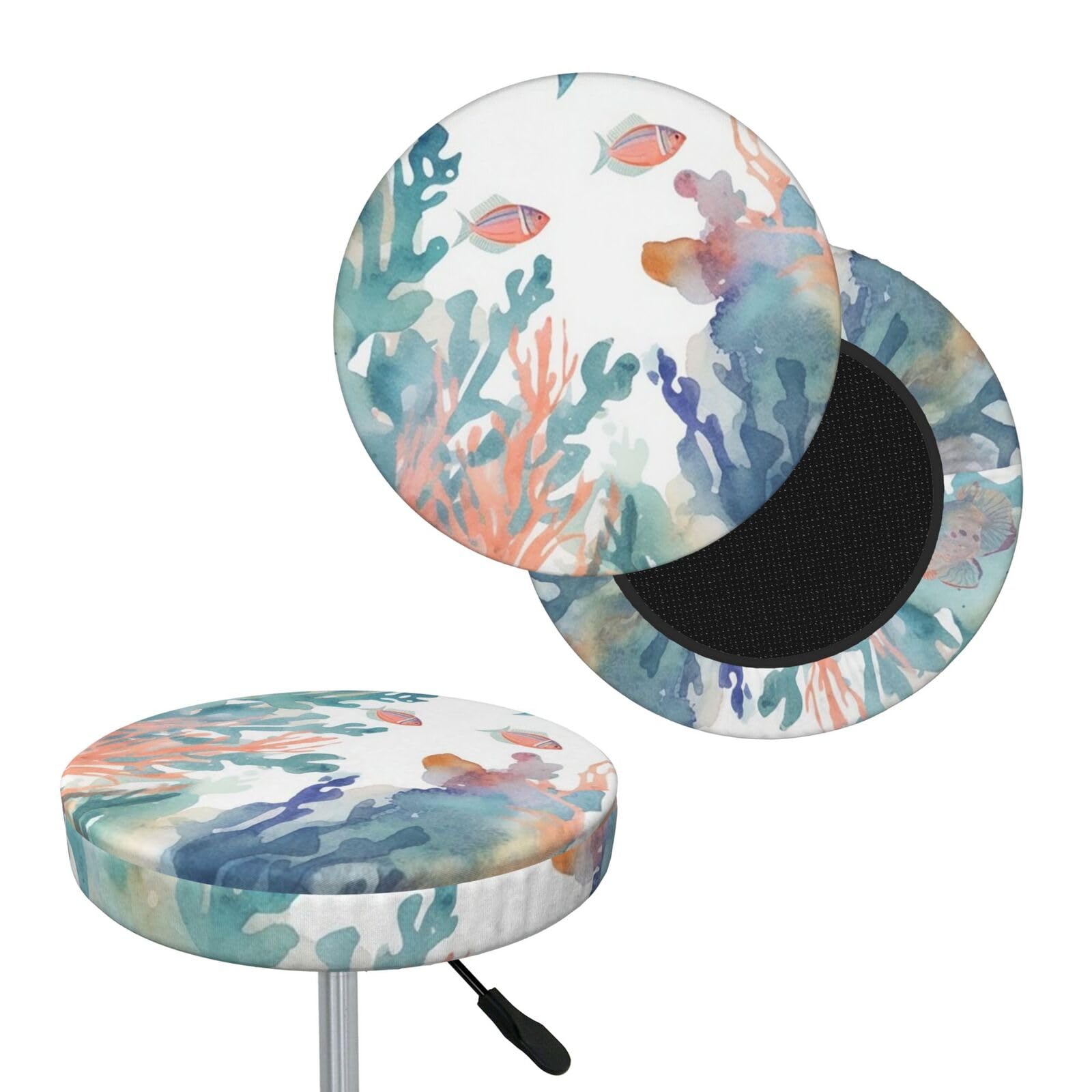 NONHAI Watercolor Fish and Coral Bar Stool Cover Round Elastic Stool Cushion Covers Dustproof Bar Chair Cover Washable Stool Cushion Slipcover Stretch Stool Seat Covers for 12-14 Inch Chair