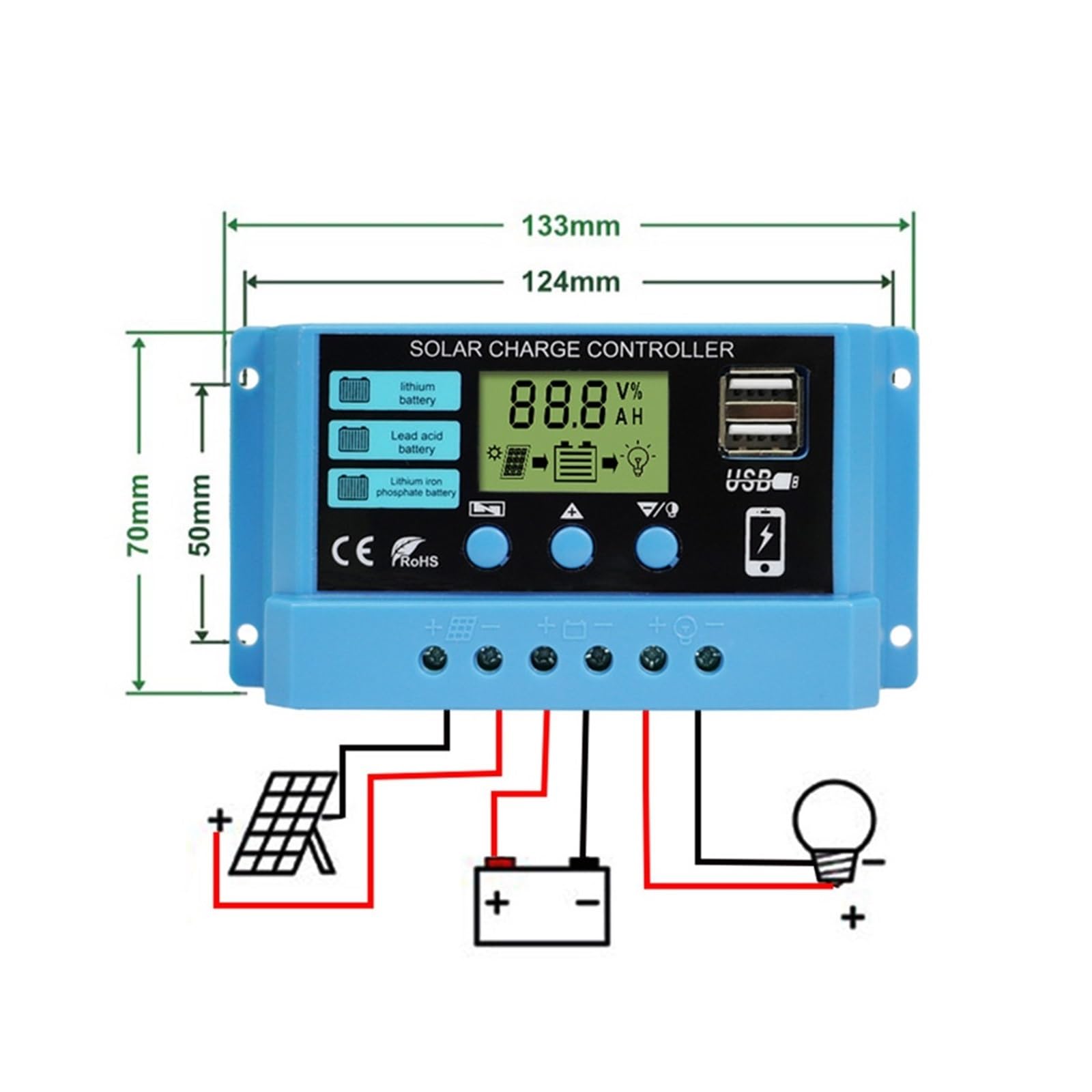 Kontroler ładowania słonecznego Fabryczny Regulator Ładowania Słonecznego Lifepo4 Battey Używaj Wyświetlacza LCD 12V 24V Podwójny Ogniw Słonecznych USB(30A)