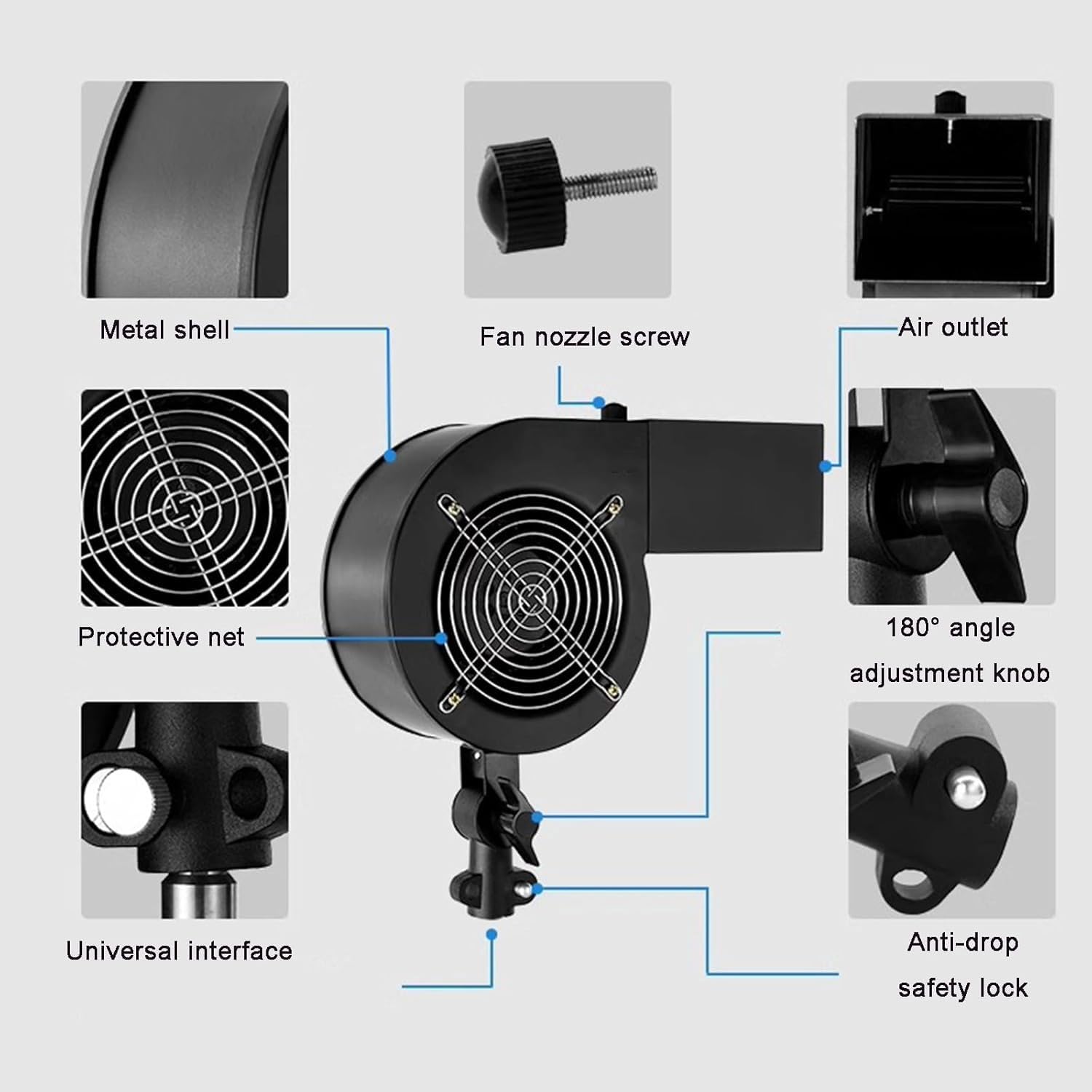 Ventilador de fotografía portátil para efectos de escenario y fotos de retratos con ángulo ajustable