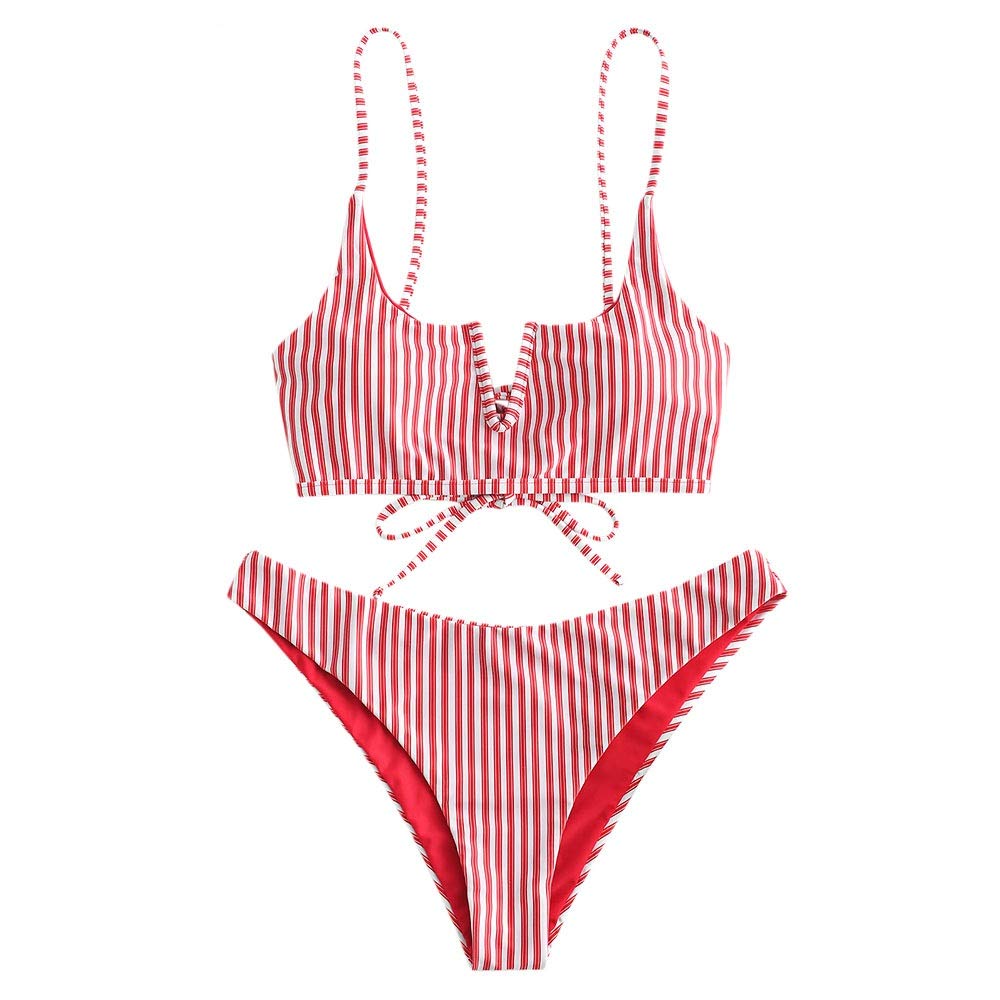 ZAFUL Mujer Bikini Conjunto,Bikini Sexy en Forma de V con Correa Delgada y Traje de Baño con Estampado de Rayas
