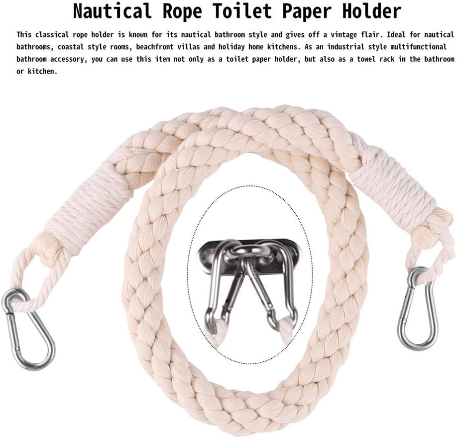 Hemoton Rustic Toilet Paper Holder with Cotton Rope and Metal Hooks Wall Mounted Bathroom Tissue Roll Holder 15.75 Inch Handmade Hanging Organizer for Home Bathroom