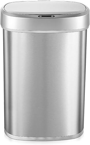 Ninestars DZT-50-49 - Bote de basura ovalado automático con sensor de movimiento sin contacto con tapa negra, 13 galones50 L, acero inoxidable