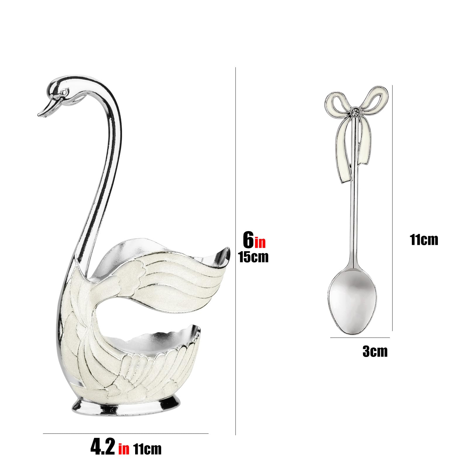 CAIRIAC Silver White Swan Decorative Dessert Spoon Set of 6, Metal, 4.2 x 2.1 Inches, Dishwasher Safe